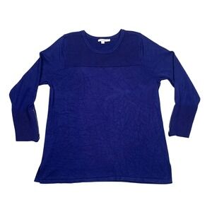 Chicos Knit Top Size 2 Women Blue Zipper Cuff Textured Yoke Crew Neck 3/4 Sleeve